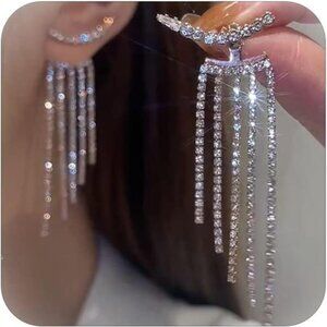 Rhinestone Tassel Earrings for Women Sparkly Prom Dangle Earrings Long